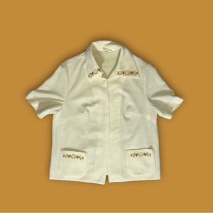 80s Amy Adams Vintage Floral embroidered Pastel Yellow Blouse Double Pocket